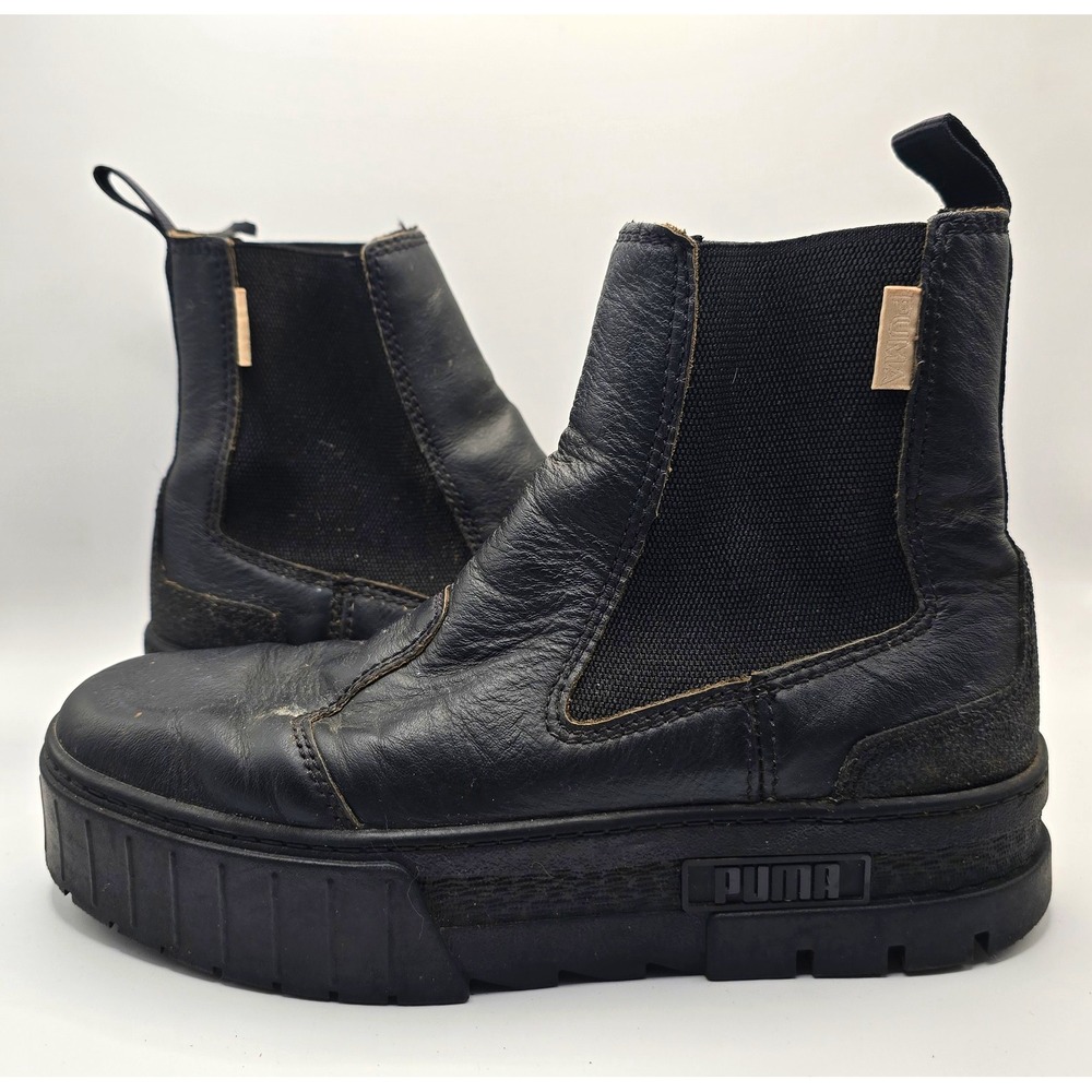 PUMA Mayze Chelsea Black Leather Pull-On Platform Ankle Boots Womens US 9.5